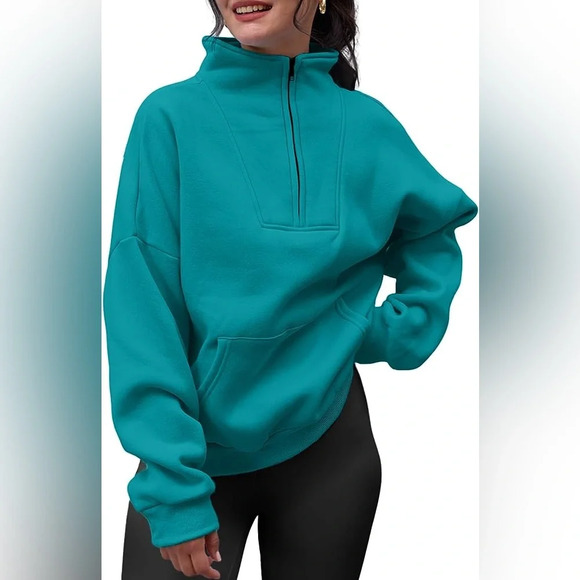 Sz M Trendy Queen Sweatshirts Half Zip Pullover Quarter Zip oversized bluegreen - Picture 1 of 5